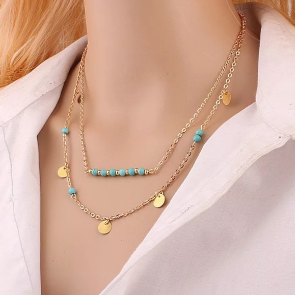 *Sacramento* Disc and Turquoise Bead Necklace - Picture 2 of 2